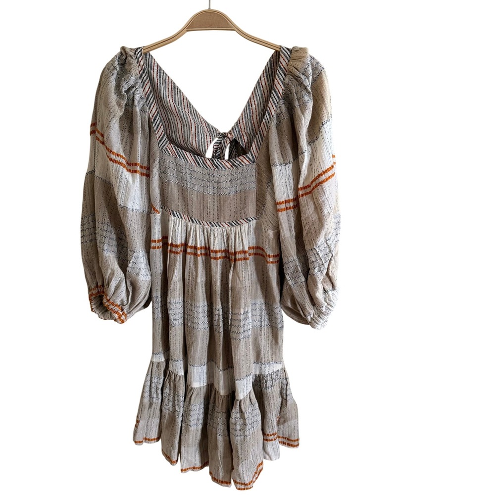 Free People Striped Open Back Balloon Sleeve Babydoll Mini Dress Beige XS